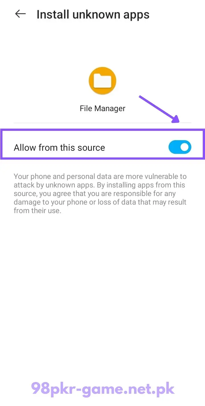 98PKR Game download step 3 - allow APK installation from file manager