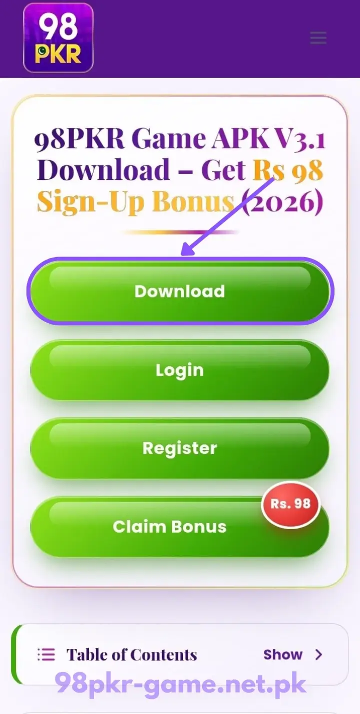 98PKR Game download step 2 - click the download button